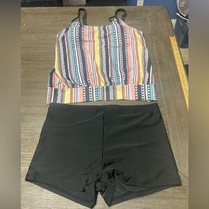 NWT Amazon XXL  PLUS 2-PIECE Swimsuit Tankini Multi Striped BLACK Boy Shorts